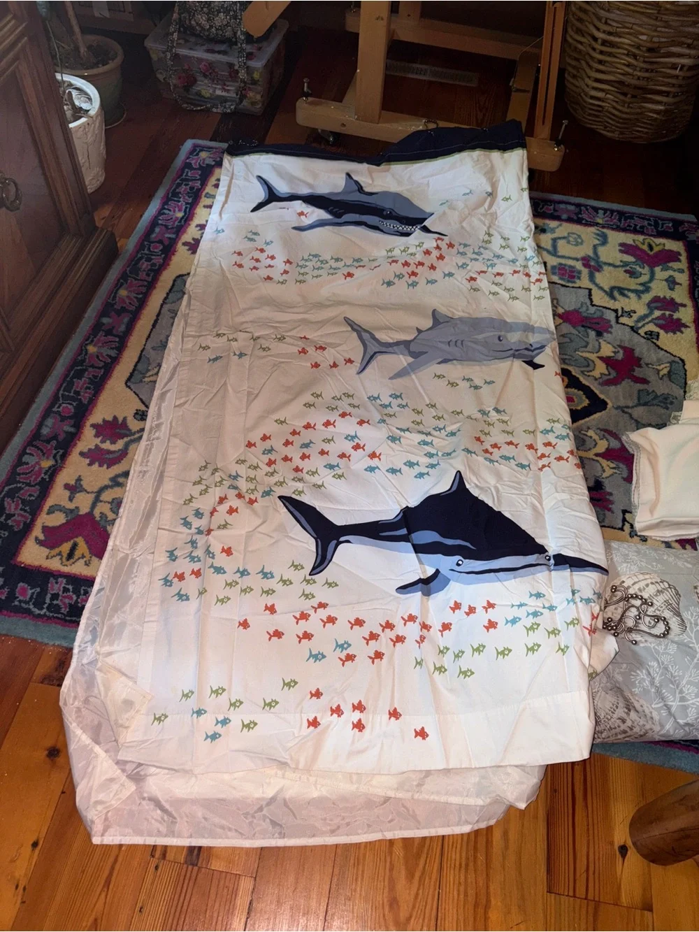 Pottery Barn Kids Blue Shark Shower Curtain with Multicolor Fish liner hooks set